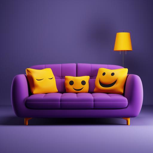 a happy purple sofa with brand-new sofa cushions smiling