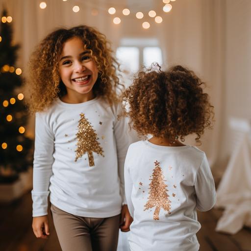 a happy silly toddler showing the front of her shirt and a toddler showing the back of her shirt, White t shirts on toddler wearing gildan 5000b oversized, curly hair, natural plants, bohemian, rust Christmas themed playroom, snow, winter, warm, small lights, throwing gold star confetti