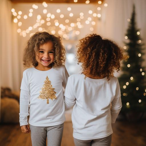 a happy silly toddler showing the front of her shirt and a toddler showing the back of her shirt, White t shirts on toddler wearing gildan 5000b oversized, curly hair, natural plants, bohemian, Christmas themed playroom, symmetry and balance, snow, winter, warm, small lights, gold star confetti