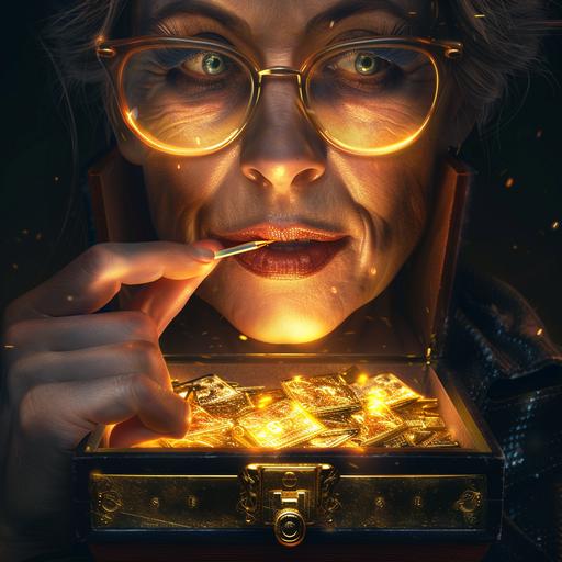 a happy teacher putting her index finger on the lip. a mid aged teacher keeping whose lips are sealed with a zip. a open treasure box with gold books and papers that are shining. Colors are oranges greys and blacks. Orange light, ultra realistic, super realistic, high detail, ultra HD, hyper realistic, full HD.