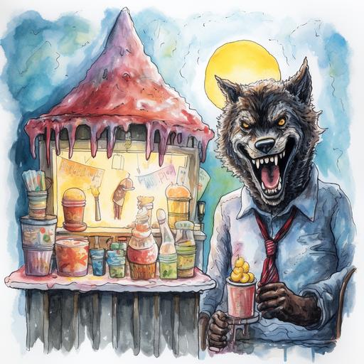 a happy wolfman selling ice cream at an ice cream stand, crayon art, simple art, 5 colors --v 5.2