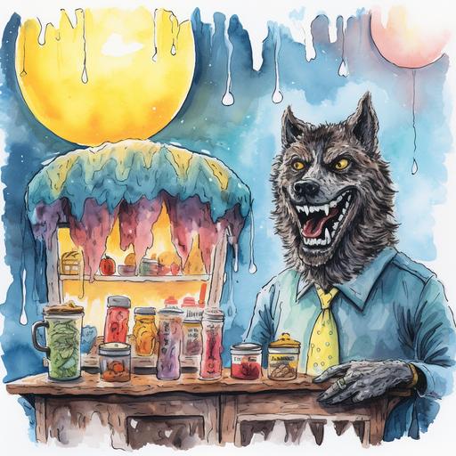 a happy wolfman selling ice cream at an ice cream stand, crayon art, simple art, 5 colors --v 5.2