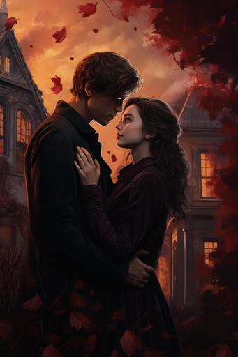 a harry potter poster showing a couple by a house, in the style of digital painting, devilcore, historical illustration, natalia drepina, red, violent, storybook illustration --ar 85:128