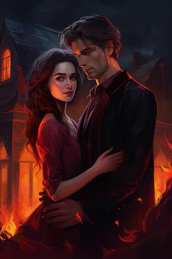 a harry potter poster showing a couple by a house, in the style of digital painting, devilcore, historical illustration, natalia drepina, red, violent, storybook illustration --ar 85:128