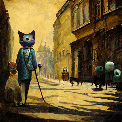 a haughty, opulently dressed anthropomorphic cat with a monocle and cane walking it's pet human along a street.