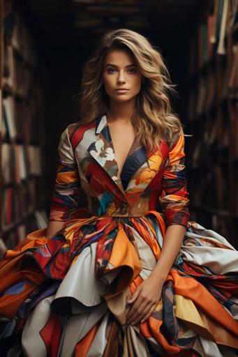 a haute couture fashion shoot with an amazing rainbow room, trash polka, study wear, in the style of study, decorative style, curvilinear, studyplace --ar 2:3 --s 750