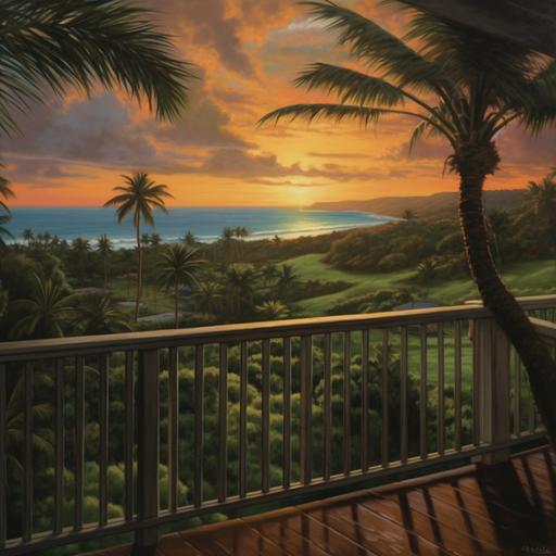a hawaiian sunset seen from the upper balcony of an apartment, vast open hills covered in green grass are gently receeding down to the sea, palm trees and beaches in the distance