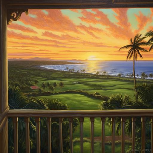 a hawaiian sunset seen from the upper balcony of an apartment, vast open hills covered in green grass are gently receeding down to the sea, palm trees and beaches in the distance