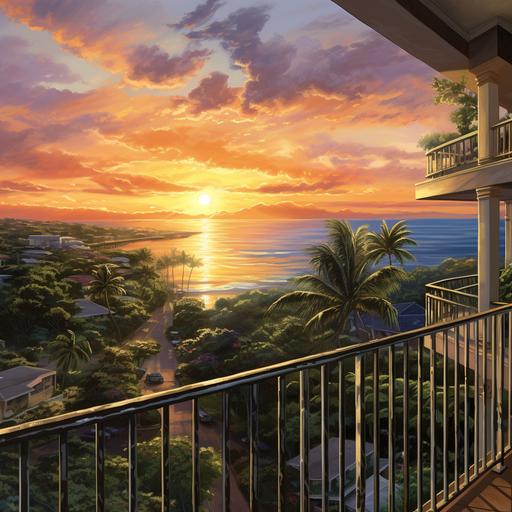 a hawaiian sunset seen from the upper balcony of an apartment, green hills gently receeding down to the sea