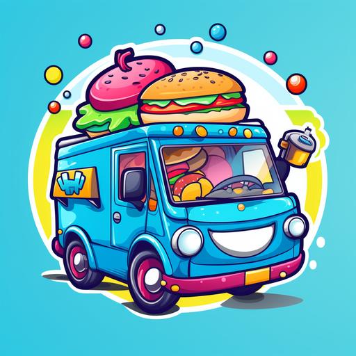 a hd professionally designed social media entertainment website logo based on bold pop 90's colors. A cartoon food truck is the main focus of the logo. The logo fits within a circular design. 4k HD.
