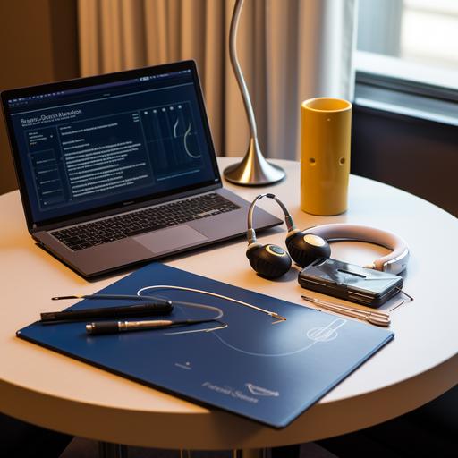 a hearing instrument specialist's table that includes a laptop, notebook, pen, and hearing aid.