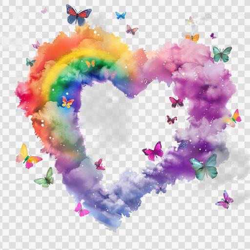 a heart shaped rainbow in the clouds, vibrant with little hearts and butterflies around. On a transparent background