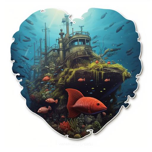 a heart shaped sticker of a sunken submarine