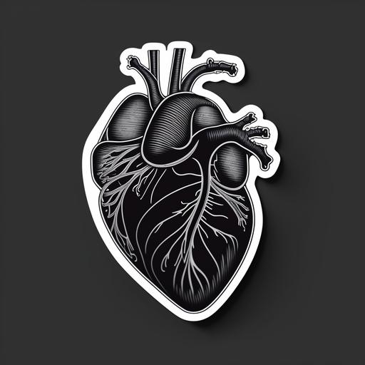 a heart shaped sticker where the heart is made out of a ribcage, flat line art, black and white