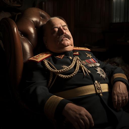 a heavyset burly older South American military general is fast asleep, snoring loudly, thick black mustache, bald, fine art portrait photography