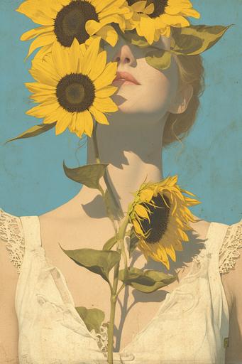 a heliocentric image titled a Magus girl, sunflowers, Mediterranean Coast,, in the style of celtic art, pictorial fabrics, colorful gardens, inlay, norwegian nature, vintage poster design, sky-blue and gold, by Herbert List --niji 6 --s 750 --ar 2:3