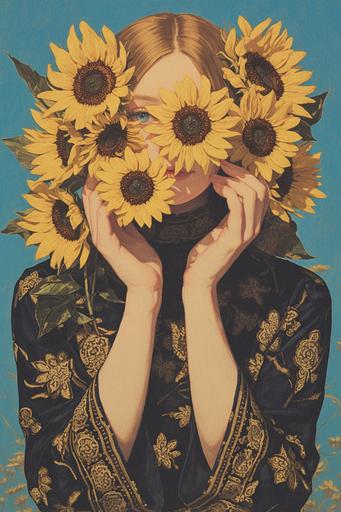 a heliocentric image titled a Magus girl, sunflowers, Mediterranean Coast,, in the style of celtic art, pictorial fabrics, colorful gardens, inlay, norwegian nature, vintage poster design, sky-blue and gold, by Herbert List --niji 6 --s 750 --ar 2:3