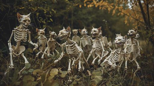 a herd of Cat vampires as skeletons, photography shot with canon eos 3 mark IV --ar 16:9 --v 6.0