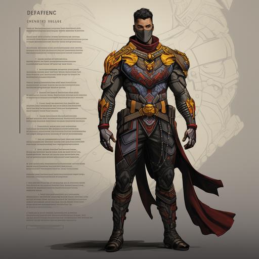 a hero, Solstice stands with a commanding presence, embodying the strength and resilience drawn from his diverse heritage. He is a figure of contrast and balance, his costume a homage to both the military discipline instilled by his father and the rich cultural tapestry of his Hispanic roots. Costume: His suit is a modern mesh of tactical functionality and symbolic tradition. The primary color is a deep, midnight blue, reminiscent of a clear night sky just before dawn. This color choice serves as a backdrop for the vibrant accents that trace his physique--a subtle interplay of gold and crimson threads that cross his chest in a pattern reminiscent of ancient Aztec and Mayan art, merged with the precise, angular lines of military insignia. The sun emblem, a fusion of a compass rose and a stylized solar flare, sits proudly over his heart. It's a bright, golden hue that appears to pulse with a life of its own, signifying his solar-based powers and his role as a guiding light in the darkest times. Cape: His cape, a rich, dark red, attaches at the shoulders with clasps shaped like small suns. The interior of the cape features a mosaic of subtly woven designs--abstract shapes that tell stories of both his European and Puerto Rican/Mexican ancestry, visible only when the cape billows behind him as he soars through the sky. Mask: Solstice's mask is a sleek, half-face cover that shields his eyes and the bridge of his nose. It's a matte black material, which starkly contrasts with his skin and the costume's brighter colors. His gunmetal grey eyes peer out from two angular eye holes, edged with a thin line of gold that catches the light, giving him a piercing, almost otherworldly gaze. Gloves and Boots: His gloves are reinforced for combat, fingertips capable of channeling [...]