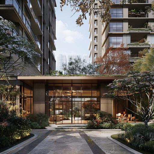a hero image for a global real estate development::6 company inspired by elevated luxury::4 , japanese design, scandinavian design with an element of mystic