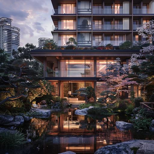a hero image for a real estate development company inspired by elevated luxury, japanese design, scandinavian design with an element of mystic
