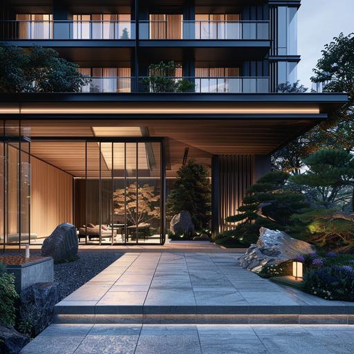 a hero image for a real estate development company inspired by elevated luxury, japanese design, scandinavian design with an element of mystic