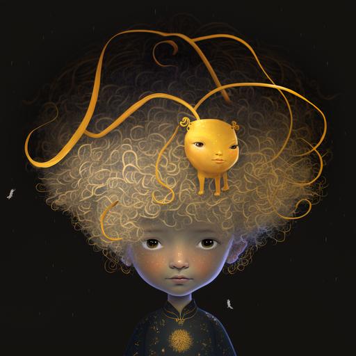 a heroic act of kindness and kintsugi from a very big jelly kintsugi-animal with superb curly odd hairstyle helps a lost little fairy theme fairytale dreamy storytelling magical fantasy kintsugi-forest unexpected --v 4
