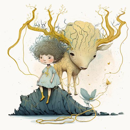 a heroic act of kindness and kintsugi from a very big jelly kintsugi-animal with superb curly odd hairstyle helps a lost little fairy theme fairytale dreamy storytelling magical fantasy kintsugi-forest unexpected --v 4