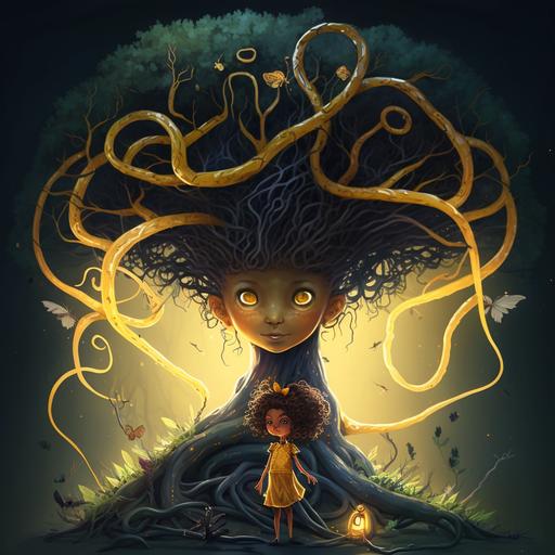 a heroic act of kindness and the magic of kintsugi from a very big jelly kintsugi-inspired-animal with superb curly odd hairstyle helps a lost little fairy theme fairytale dreamy storytelling magical fantasy kintsugi-inspired-tree forest unexpected --v 4