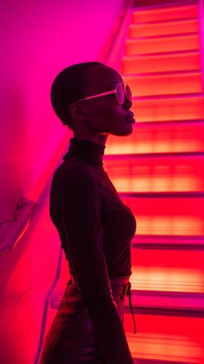 a high end fashion shoot. Neon red and neon purple. Full body underground female. Edgy futurism afro 70s and modern. fashion photoshoot. Modern block colours. --ar 9:16 --style raw --stylize 250 --v 6.0