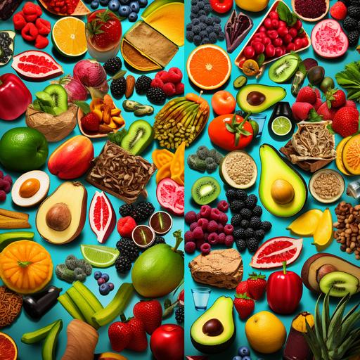 a high resolution 8k image of a variety of healthy foods in modern pop art style