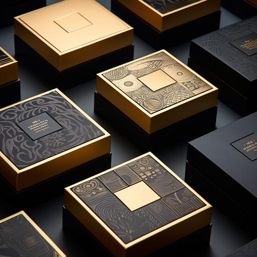 a high-resolution editorial image; golden and black packaging boxes