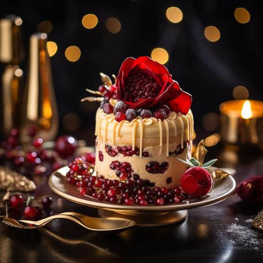 a high-resolution photo editorial; create an image of a red velvet fabric, dark dahlia flowers, pomegranate, red berries, with golden flare lights around, and a luxurious Christmas dessert