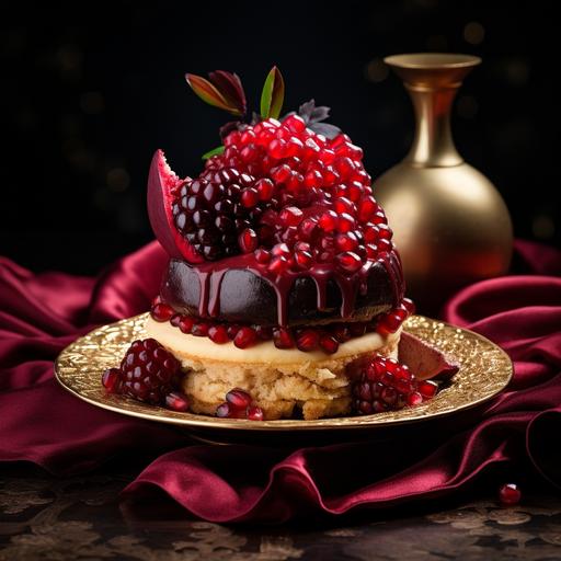 a high-resolution photo editorial; create an image of a red velvet fabric, dark dahlia flowers, pomegranate, red berries, with golden flare lights around, and a luxurious Christmas dessert