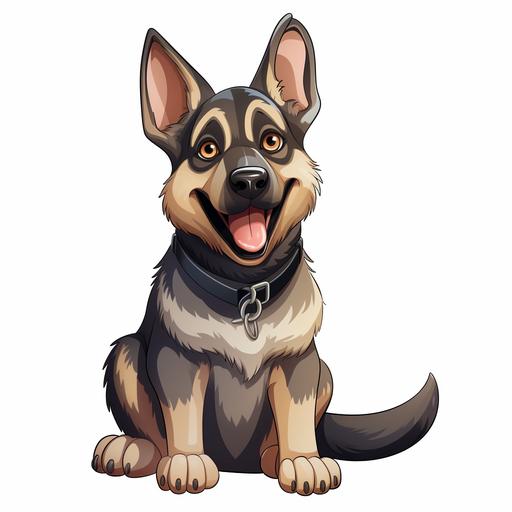 a highly detailed cartoon, Create a Sitting German Shepherd dog With big eyes, vector illustration, 2d,white background