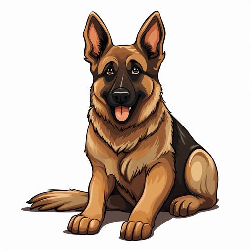 a highly detailed cartoon, Create a Sitting German Shepherd dog With big eyes, vector illustration, 2d,white background