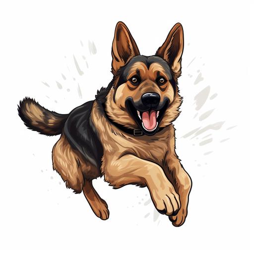 a highly detailed cartoon, Create a jumping German Shepherd dog With big eyes, vector illustration, 2d,white background