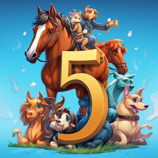 a highly detailed cartoon, Create only a big number five with horses cats hamsters and horses number five can be seen vector illustration, 3d,blue background