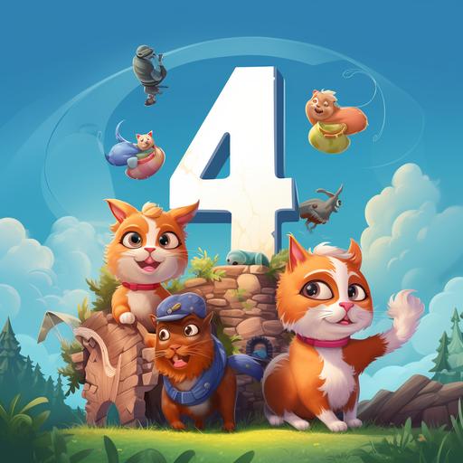 a highly detailed cartoon, Create only a big number four with cats hamsters and horses number four can be seen vector illustration, 3d,blue background