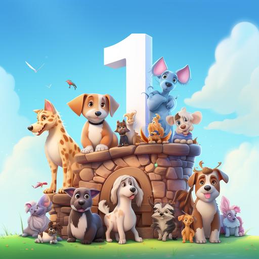 a highly detailed cartoon, Create only a big number one where dogs, cats, hamsters and horses number one can be seen vector illustration, 3d,blue background