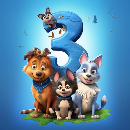 a highly detailed cartoon, Create only a big number three with dogs cats hamsters and horses number three can be seen vector illustration, 3d,blue background