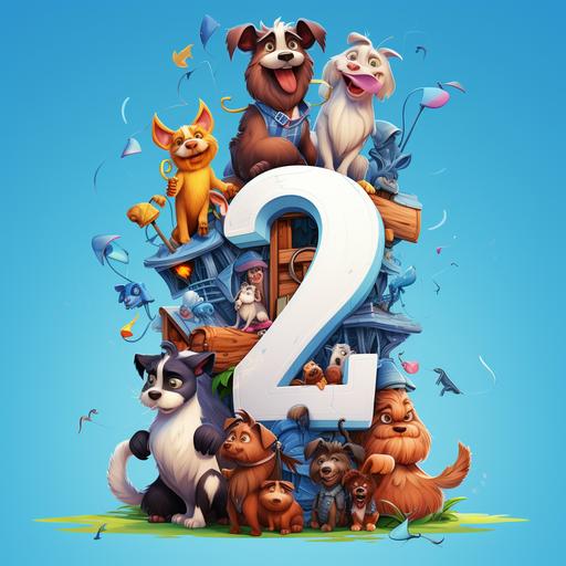 a highly detailed cartoon, Create only a big number two where dogs, cats, hamsters and horses number two can be seen vector illustration, 3d,blue background