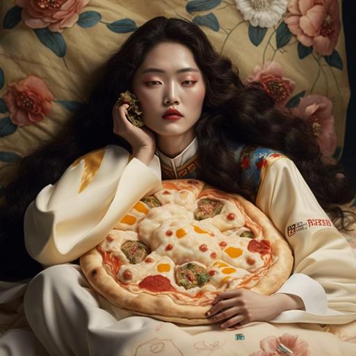 a highly detailed full-length fashion editorial from a Korean female model with big eyes and curly long hair wearing modern-designed Korean hanbok made from solid color cream calico fabric, lying on her arms and eating pizza