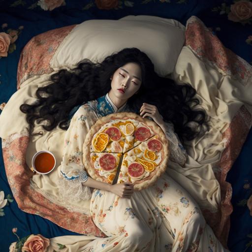a highly detailed full-length fashion editorial from a Korean female model with big eyes and curly long hair wearing modern-designed Korean hanbok made from solid color cream calico fabric, lying on her bed and eating a slice of pizza while looking at the camera