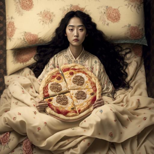 a highly detailed full-length fashion editorial from a Korean female model with big eyes and curly long hair wearing modern-designed Korean hanbok made from solid color cream calico fabric, lying on her bed and eating a slice of pizza while looking at the camera