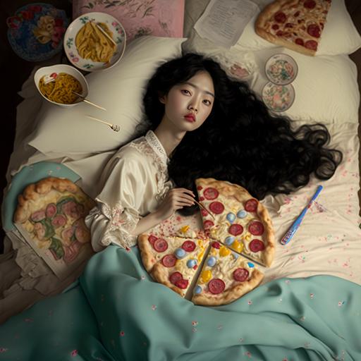 a highly detailed full-length fashion editorial from a Korean female model with big eyes and curly long hair wearing modern-designed Korean hanbok made from solid color cream calico fabric, lying on her bed and eating a slice of pizza while looking at the camera