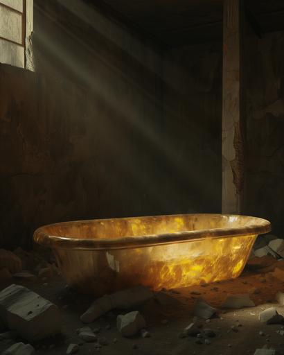 a highly detailed image of a bathtub made out of pure gold, in the middle of a dark room that has been under construction and is full of huge dirt piles, stones, bricks and dust laying on the floor. --ar 4:5 --v 6.0