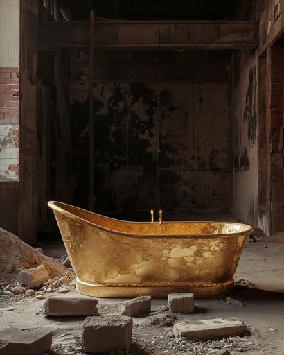a highly detailed image of a bathtub made out of pure gold, in the middle of a dark room that has been under construction and is full of huge dirt piles, stones, bricks and dust laying on the floor. --ar 4:5 --v 6.0