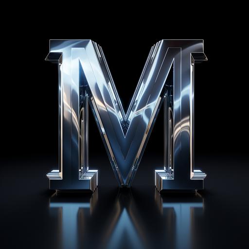 a highly realistic 3d pic with three shiny chrome type M letters on dark black background
