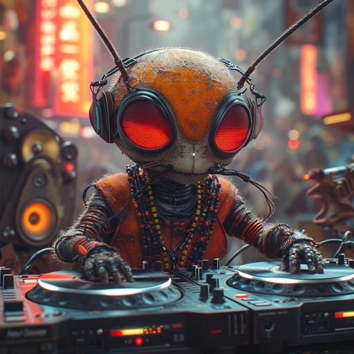 a highly stylized cyberpunk humanoid mosquito as a DJ, wearing neon sunglasses, big neon headphones and neon necklaces, standing behind cyberpunk turntables, touching one record. Huge loudspeakers left and right of him. Mainly red and orange colours/ambience. Hyperrealistic, movie still by Wes Anderson --v 6.0 --style raw --s 750